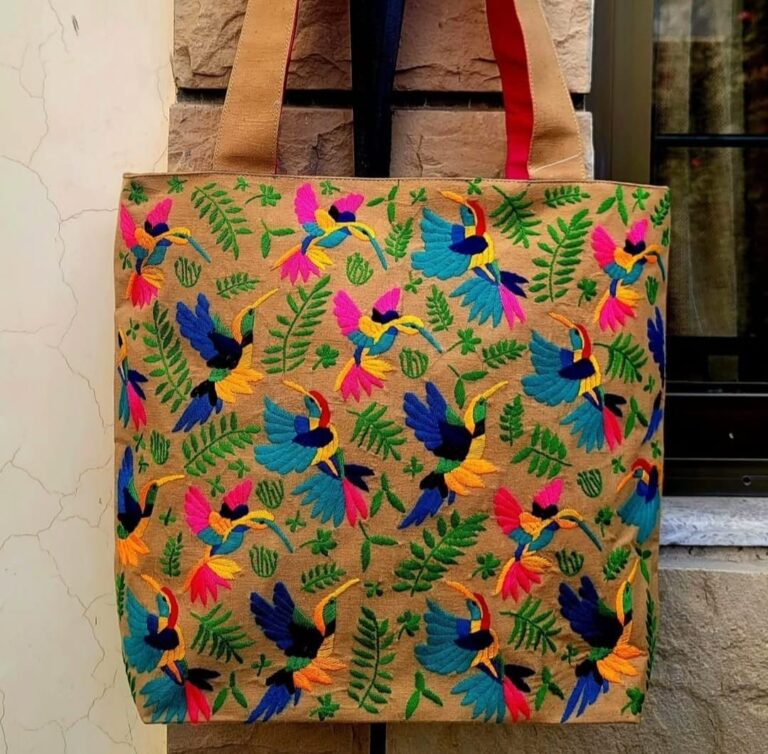 Handcrafted Limited Edition Bag Fuchsia, Turquoise, & Burnt Orange Birds in Precision Embroidery Washable