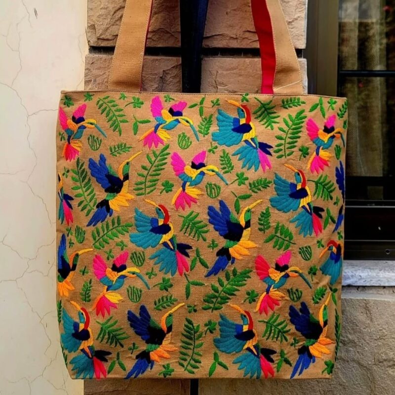 Handcrafted Limited Edition Bag Fuchsia, Turquoise, & Burnt Orange Birds in Precision Embroidery Washable