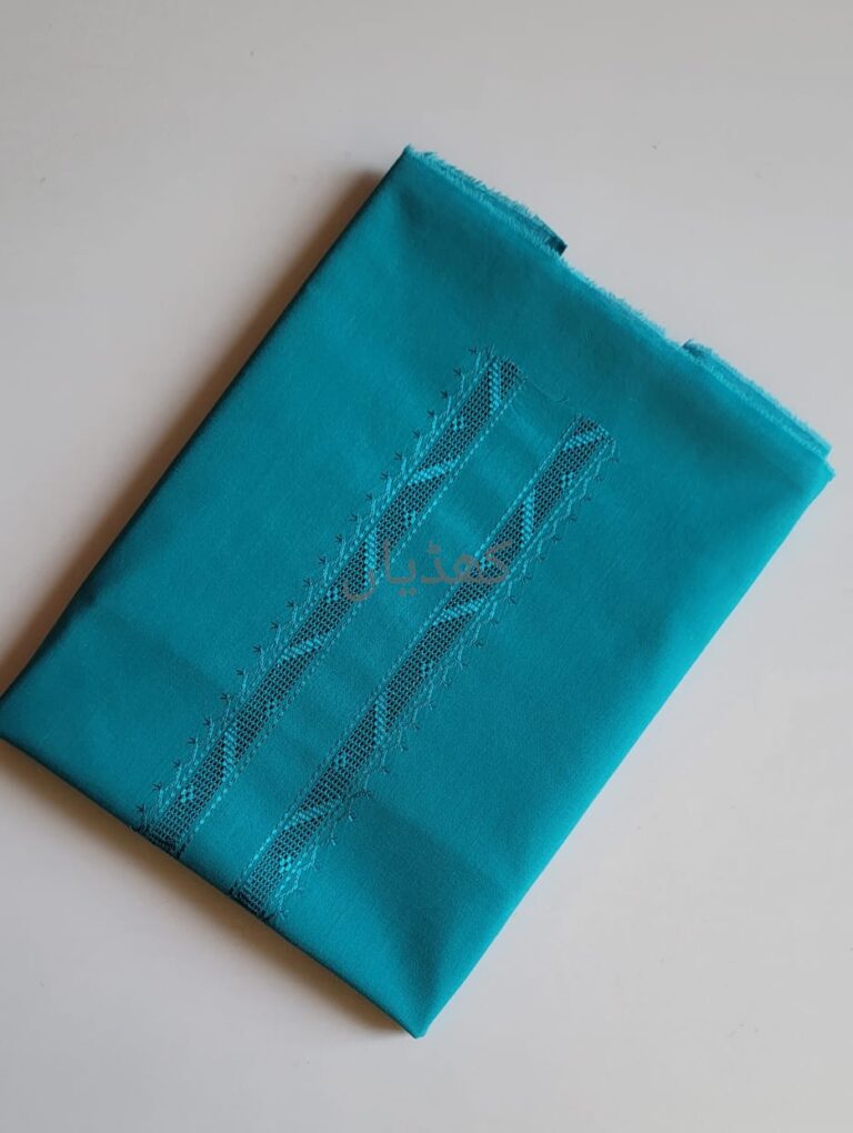 Turquoise-Pure-Cotton-Dress-Material-with-Tarkashi-Neckline-Rohi-Khaddian-656565