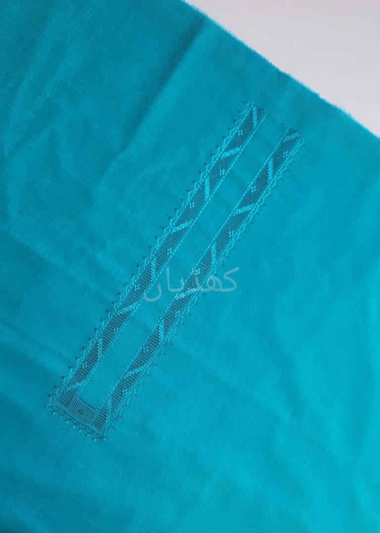 Turquoise-Pure-Cotton-Dress-Material-with-Tarkashi-Neckline-Rohi-Khaddian