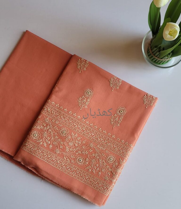 burnished-peach-lawn-2-piece-unstitched-suit-hand-embroidered-shirt-trouser-Khaddian-Pakistan