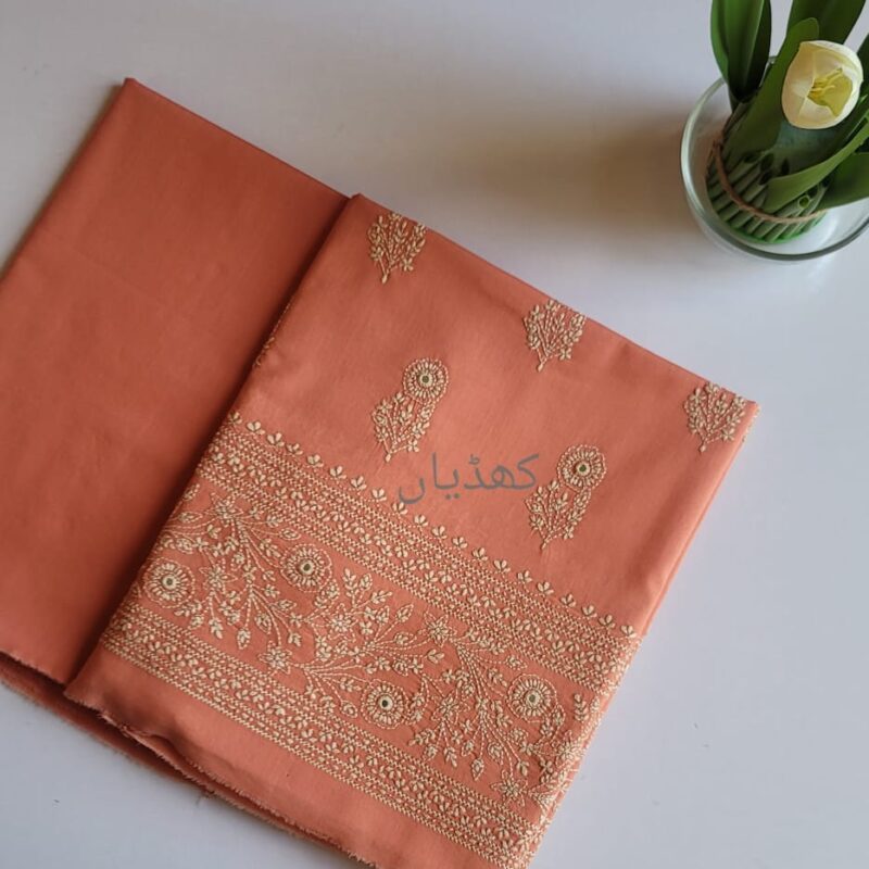 burnished-peach-lawn-2-piece-unstitched-suit-hand-embroidered-shirt-trouser-Khaddian-Pakistan