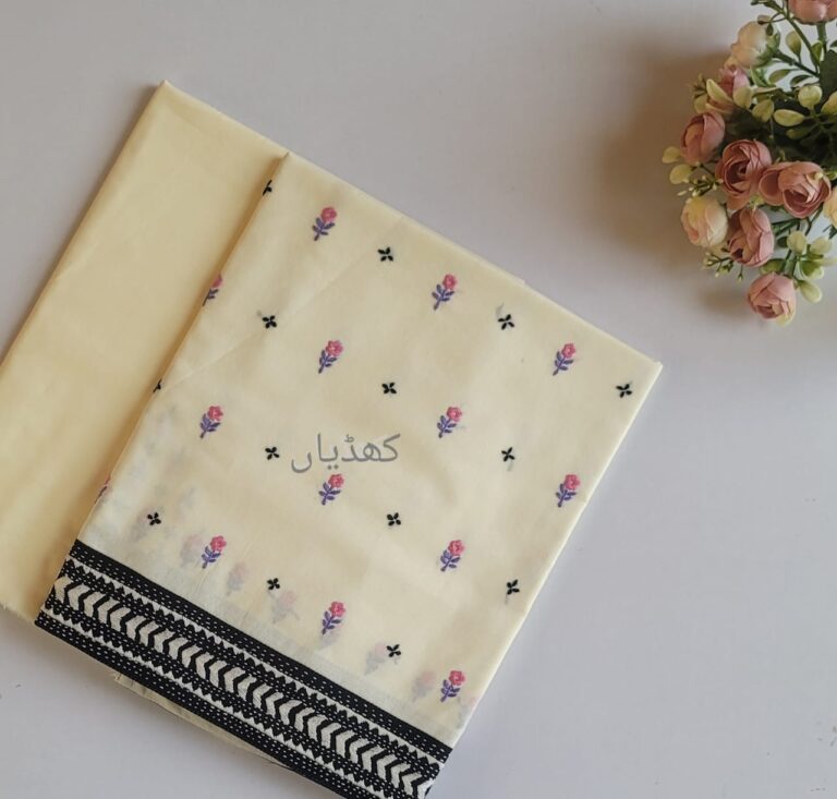 Creamy ivory lawn shirt with hand-embroidered pink and violet flowers