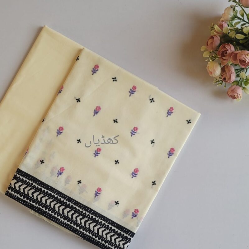 Creamy ivory lawn shirt with hand-embroidered pink and violet flowers