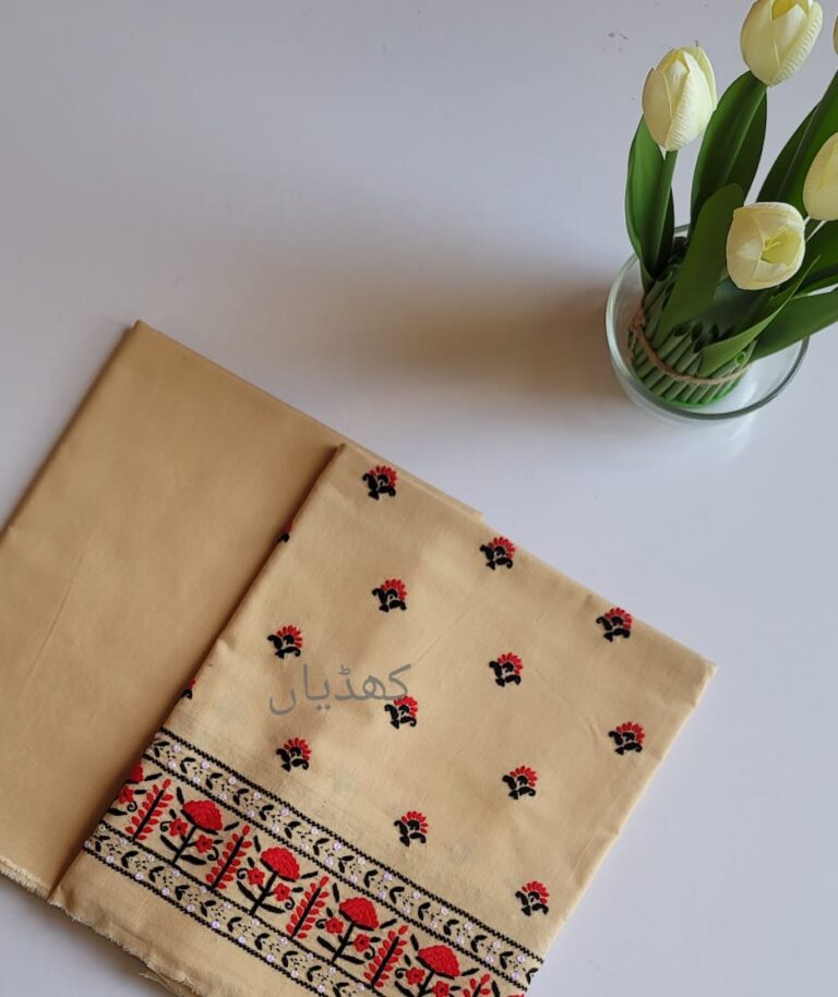 golden-beige-lawn-2-piece-unstitched-suit-hand-embroidered-black-red-motifs-khaddian-Pakistan-rk00042