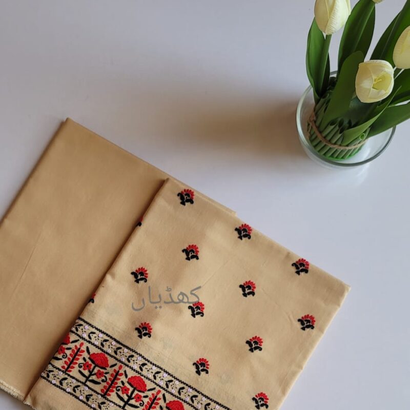 golden-beige-lawn-2-piece-unstitched-suit-hand-embroidered-black-red-motifs-khaddian-Pakistan-rk00042