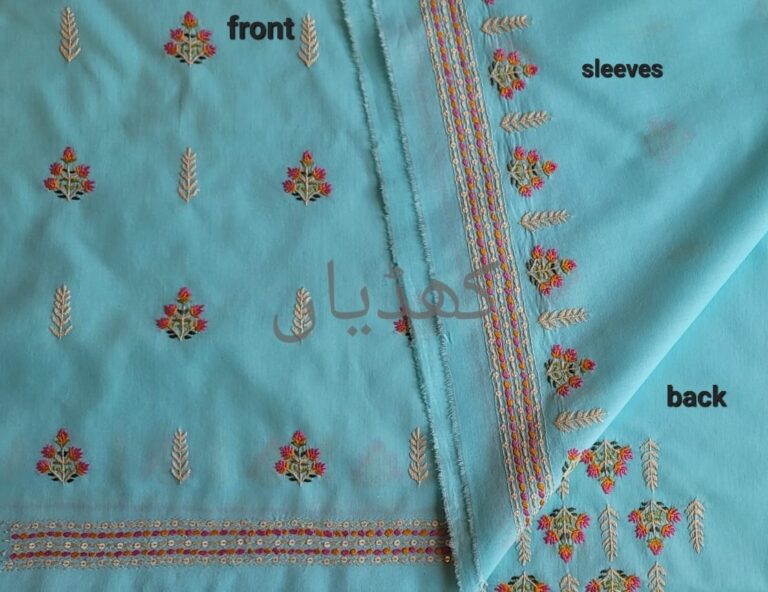 turquoise-lawn-2-piece-unstitched-suit-hand-embroidered-colorful-threadwork-front-back-rohi-khaddian-Pakistan