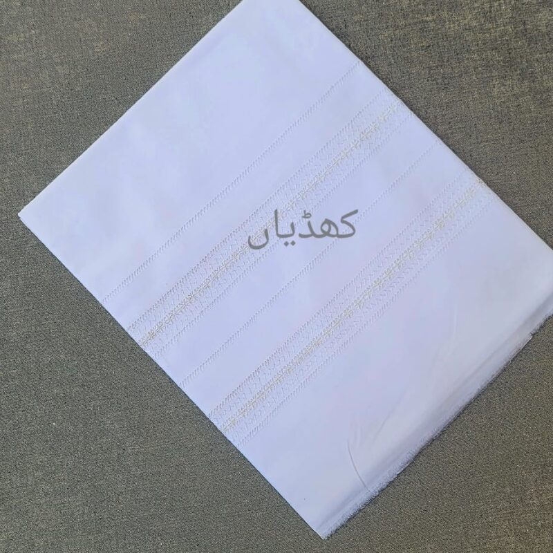 White soft cotton fabric with hand-embroidered Tarkashi unstitched for shalwar, trouser, or lower