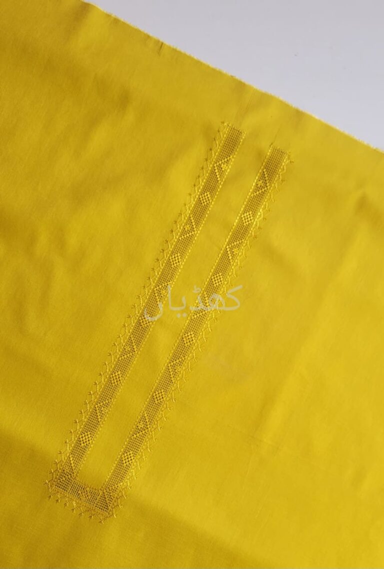 Yellow Unstitched Kurta Pure Cotton Fabric Tarkashi Neckline - Image 2