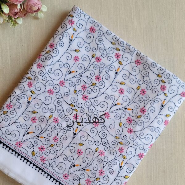 Ivory white lawn shirt with floral pink and ebony embroidery