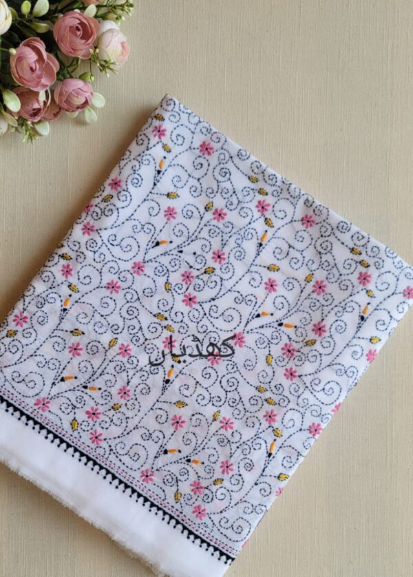 Ivory white lawn shirt with floral pink and ebony embroidery