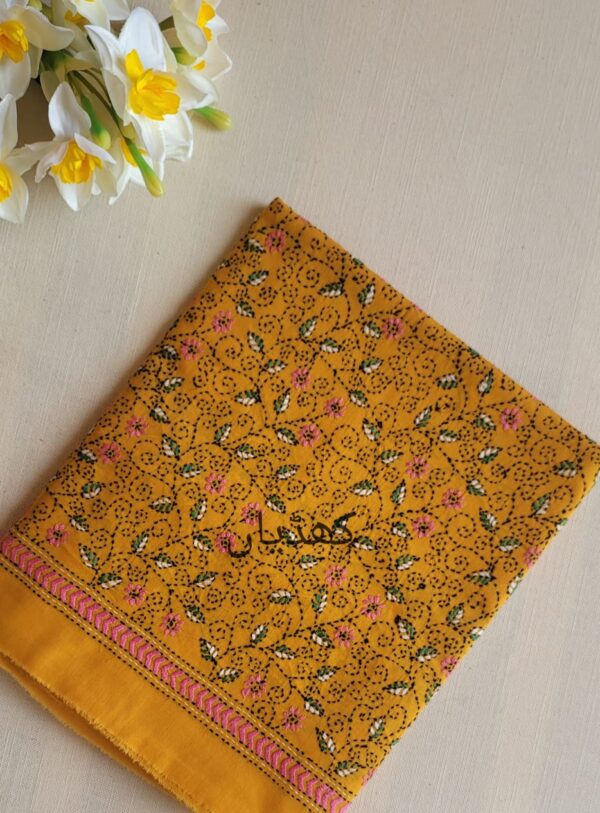 Ochre-yellow-hand-embroidered-unstitched-lawn-shirt-Pakistan