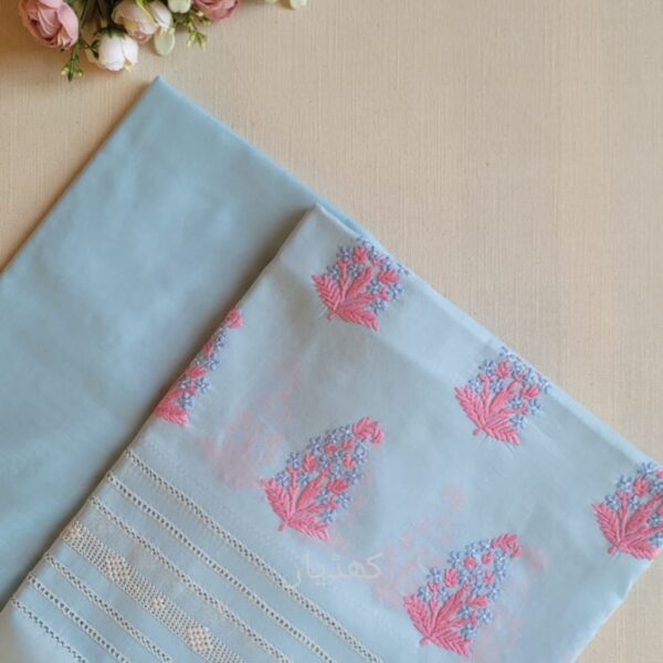 Aqua blue lawn suit with cloud pink hand embroidery Pakistan