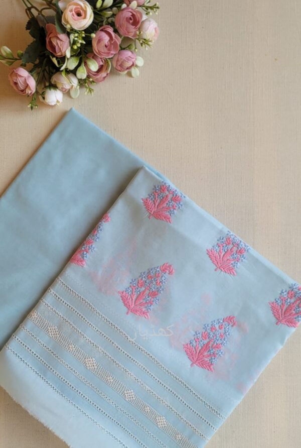 Aqua blue lawn suit with cloud pink hand embroidery Pakistan