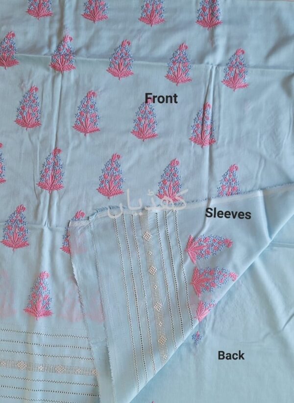 Aqua Blue Lawn Suit with Cloud Pink Embroidery & Tarkashi Detailing – 2 Piece Unstitched Shirt & Trouser - Image 3