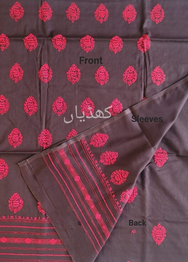 Back of embroidered brown shirt with tarkashi detailing on sleeves
