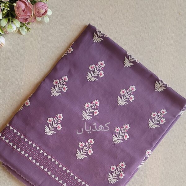 Lilac purple lawn suit with hand embroidered white motifs