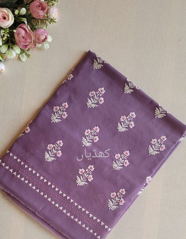 Lilac purple lawn suit with hand embroidered white motifs