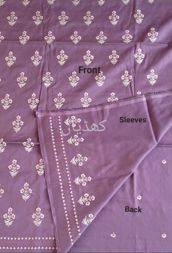 Back front side of lilac shirt with delicate white embroidery on premium lawn