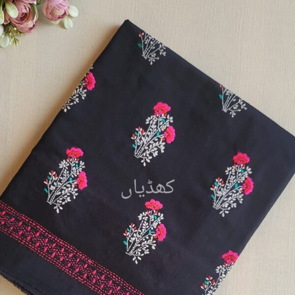 Midnight black lawn suit with red and white floral hand embroidery