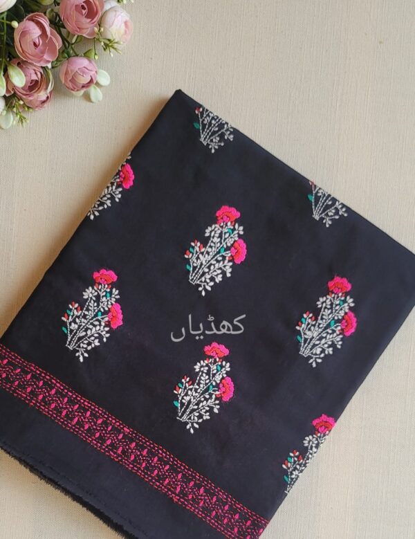 Midnight black lawn suit with red and white floral hand embroidery