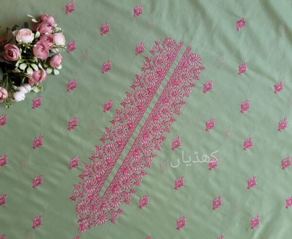 Front view of mint green lawn suit with pink floral hand embroidery