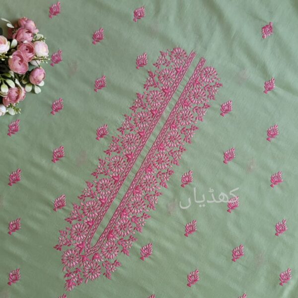 Front view of mint green lawn suit with pink floral hand embroidery