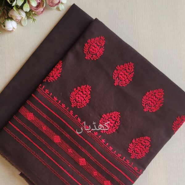Wooden brown lawn suit with scarlet ethnic hand embroidery Pakistan
