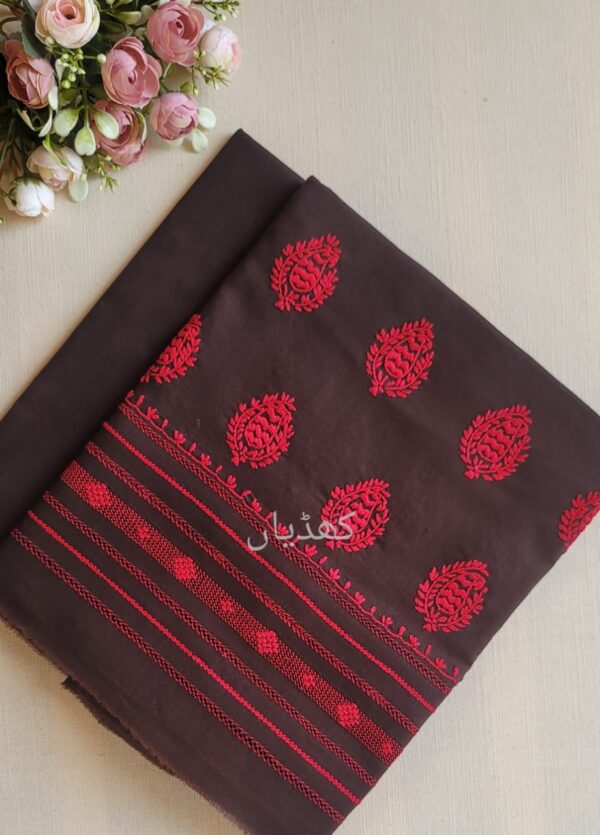 Wooden brown lawn suit with scarlet ethnic hand embroidery Pakistan