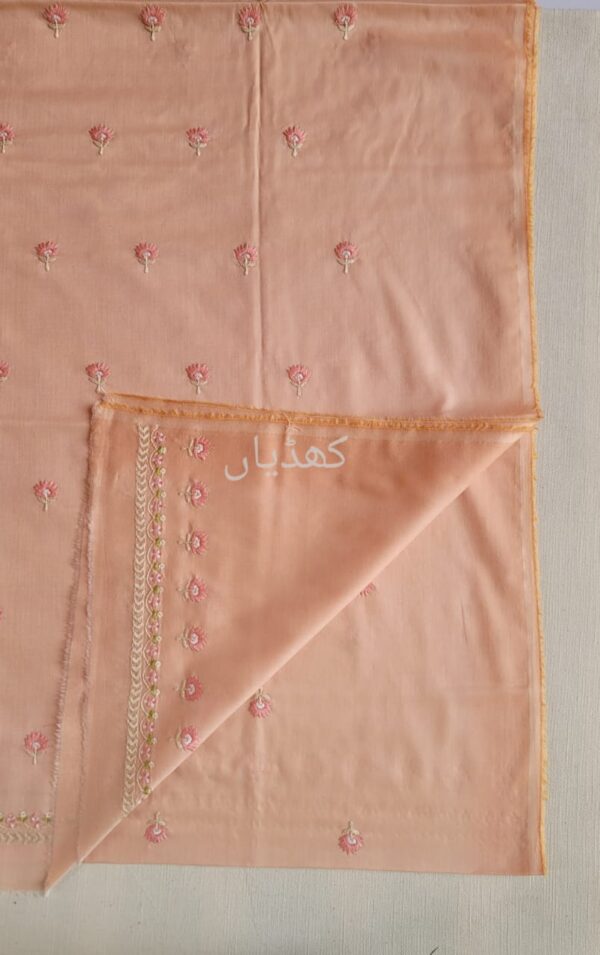 peach-pink-2-piece-lawn-suit-unstitched-hand-embroidered-shirt-trouser-summer-collection-Khaddian-Front-Back-RK00062