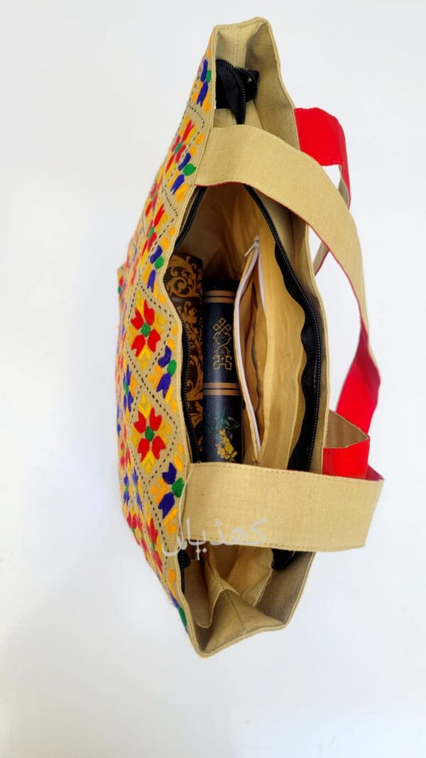 Limited Edition Hand-Embroidered Phulkari Tote Bag in Beige - Pakistan - Image 3