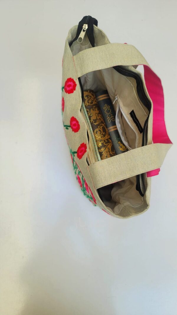 Inner Pocket of Limited Edition Hand-Embroidered Phulkari Tote Bag in Beige