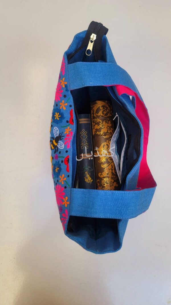 Honeycomb Tote Bag for Women with Floral Bee Print Hand Embroidered | Stylish Canvas Bag in Pakistan - Image 3
