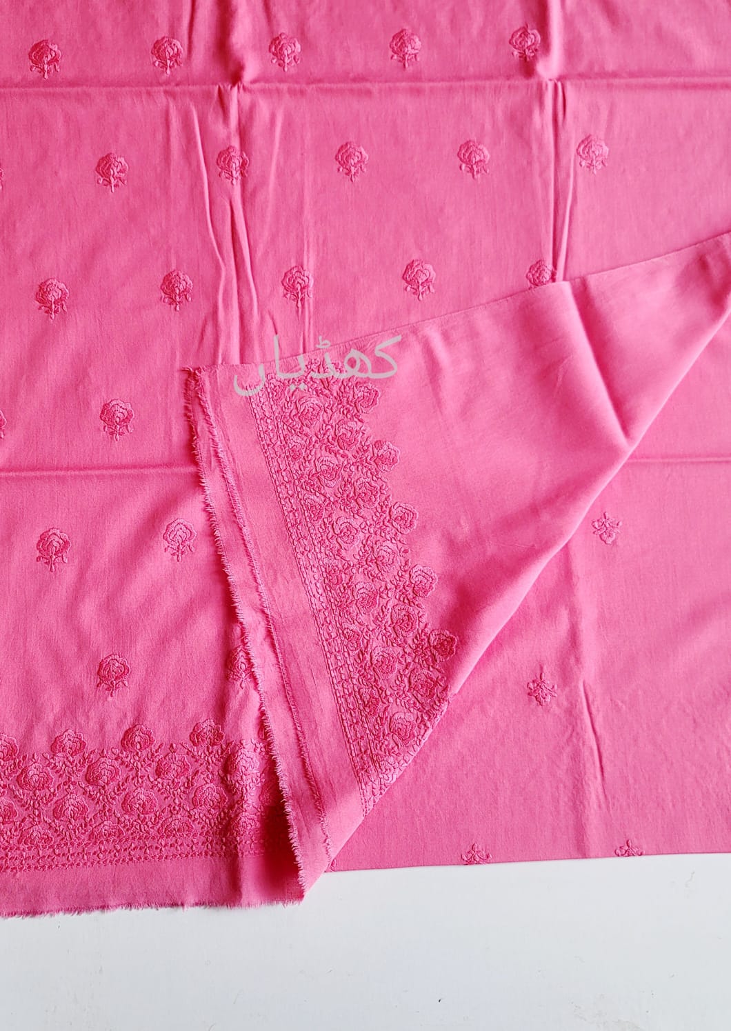 Candy Pink Hand Embroidered Winter Ensemble for Women Front Back Embroidered