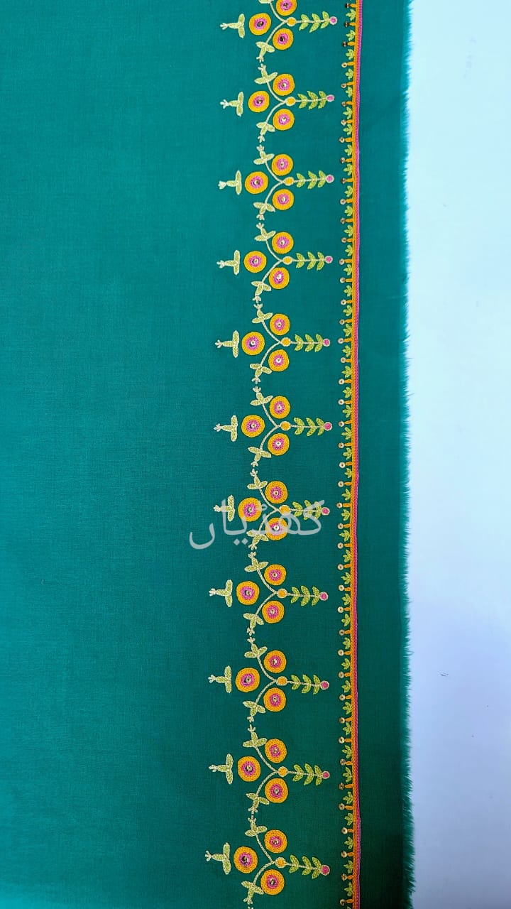 Viridian Green Peacock Forest Hand Embroidered Unstitched Two Piece Pakistan