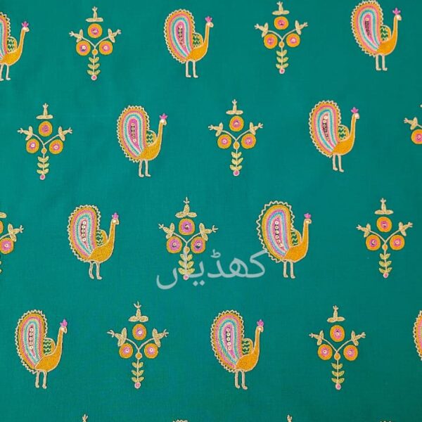 Viridian Green Peacock Forest Hand Embroidered Unstitched Two Piece Pakistan