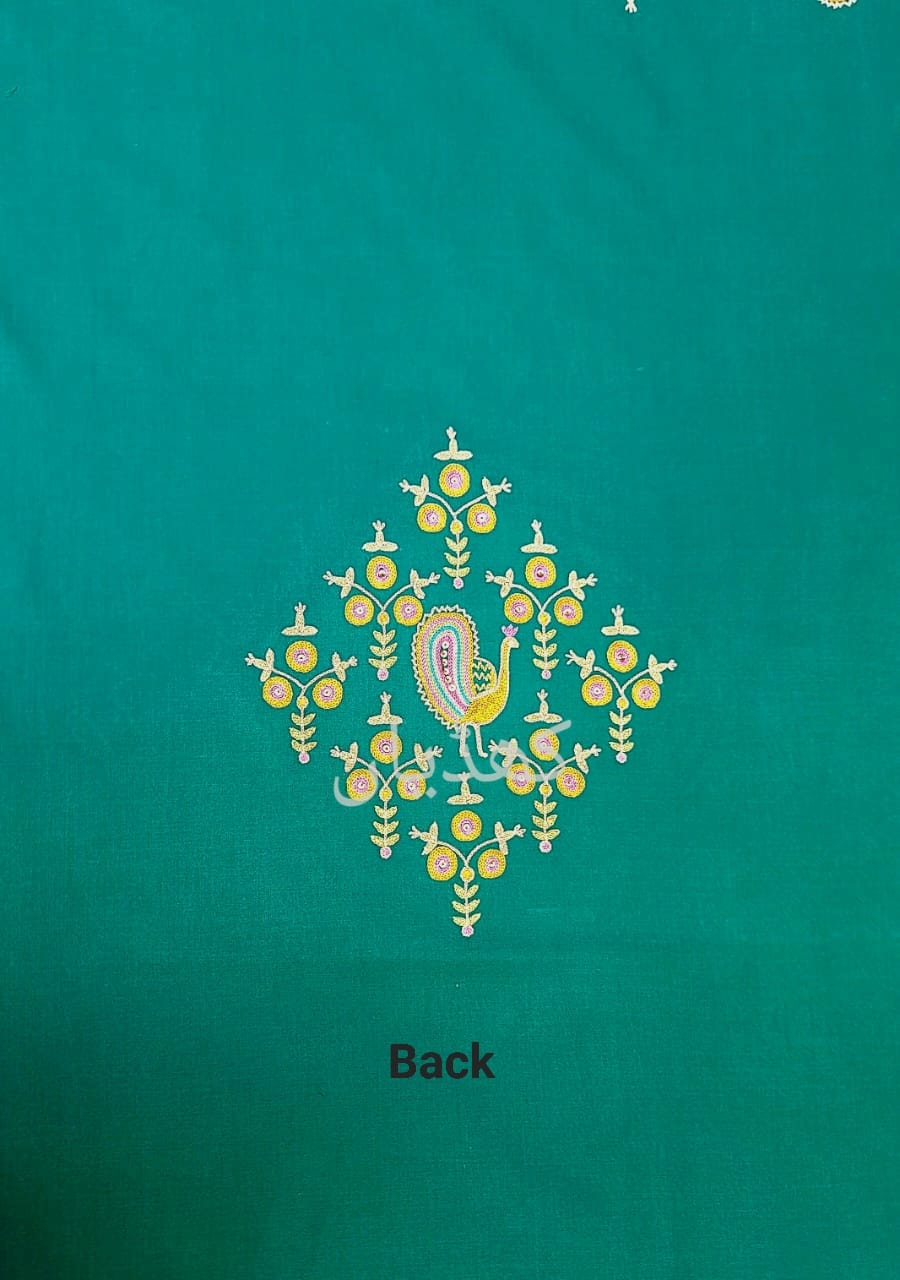 Viridian Green Peacock Forest Hand Embroidered Unstitched Two Piece Pakistan - Image 4