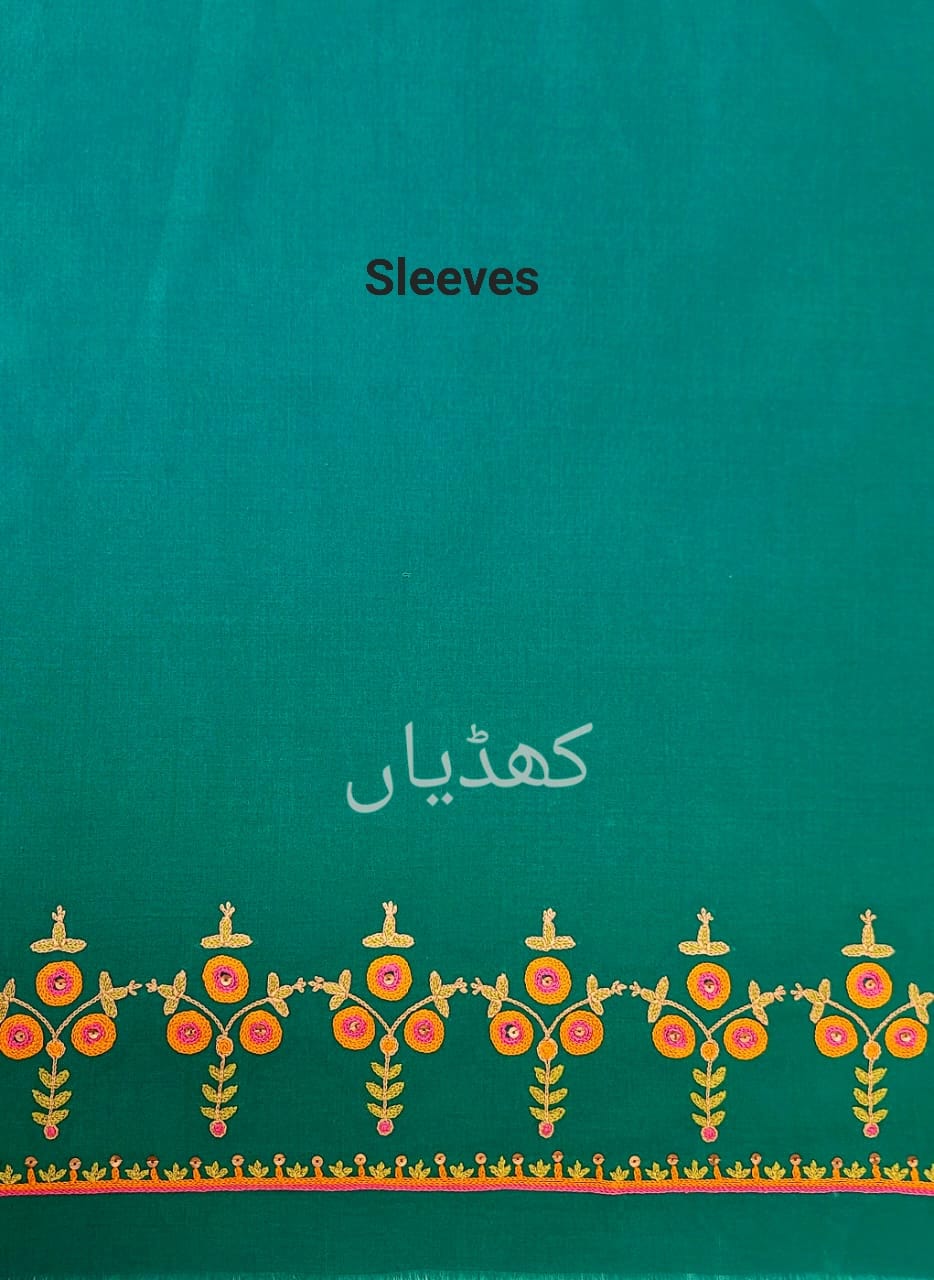 Viridian Green Peacock Forest Hand Embroidered Unstitched Two Piece Pakistan - Image 3