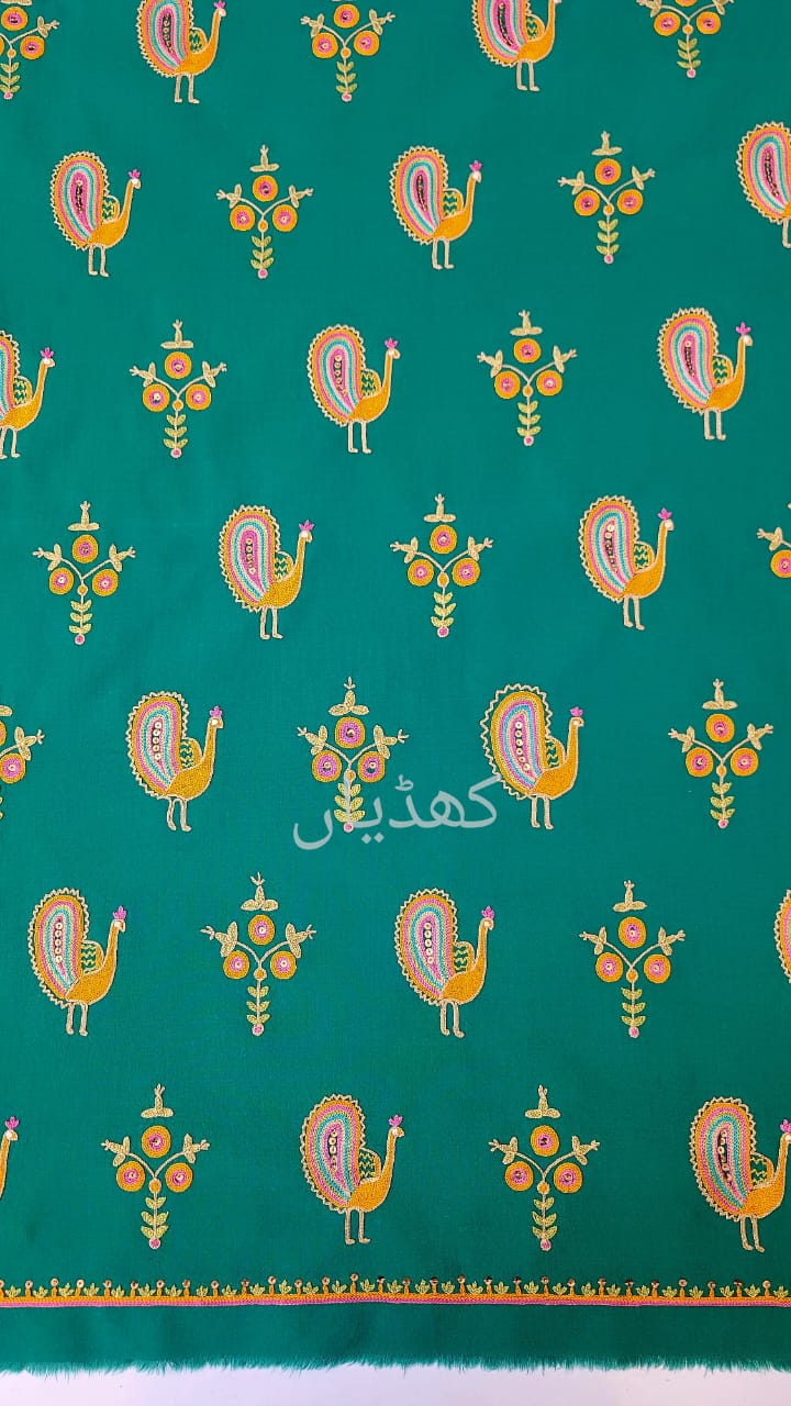 Viridian Green Peacock Forest Hand Embroidered Unstitched Two Piece Pakistan