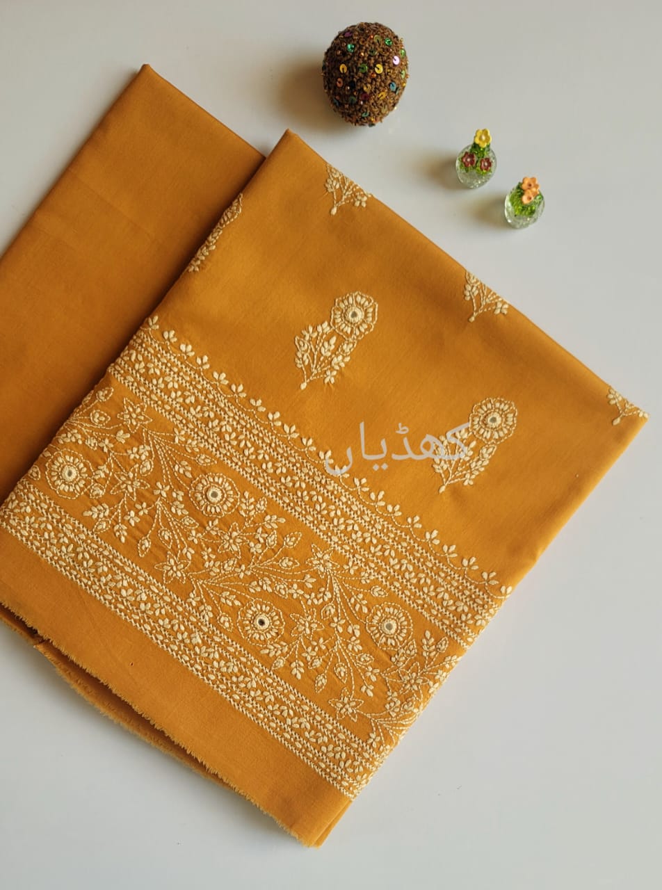 Mango Yellow Lawn Suit Hand Embroidered 2 Piece Unstitched Summer Dress for Women