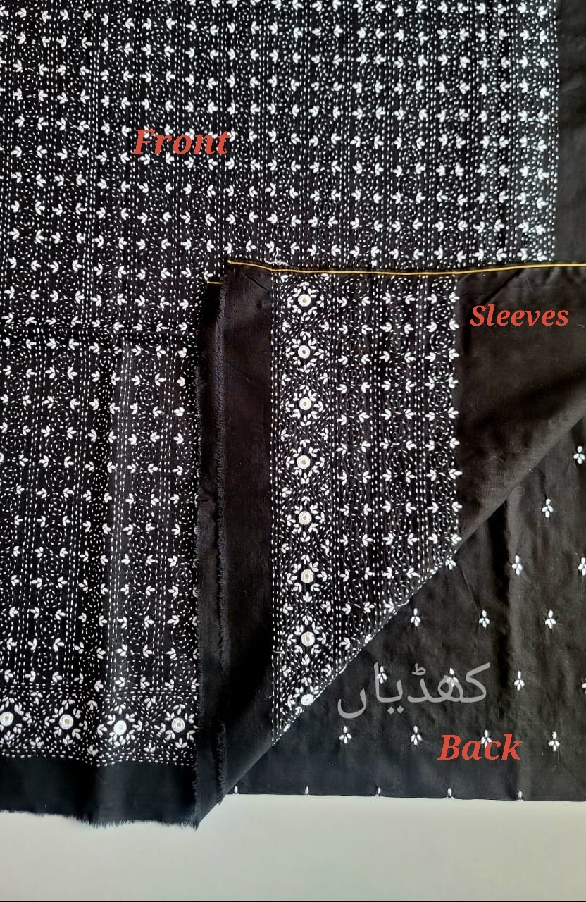 Black Hand Embroidered (Kantha Kari) Lawn Suit with Mirror Work Rohi Khaddian