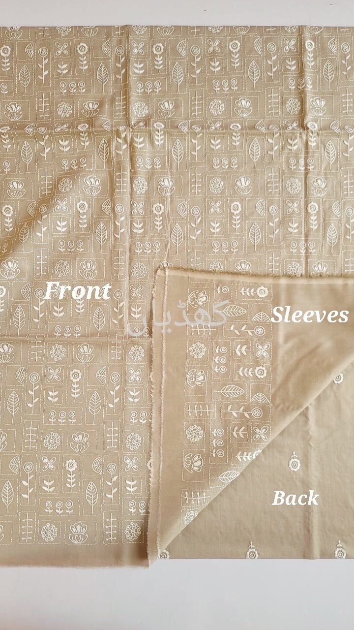 Almond Skin hand embroidered unstitched 2 piece dress front back sleeves