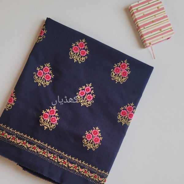 Deep Sea Blue hand embroidered unstitched 2 piece dress for women in Pakistan with floral embroidery