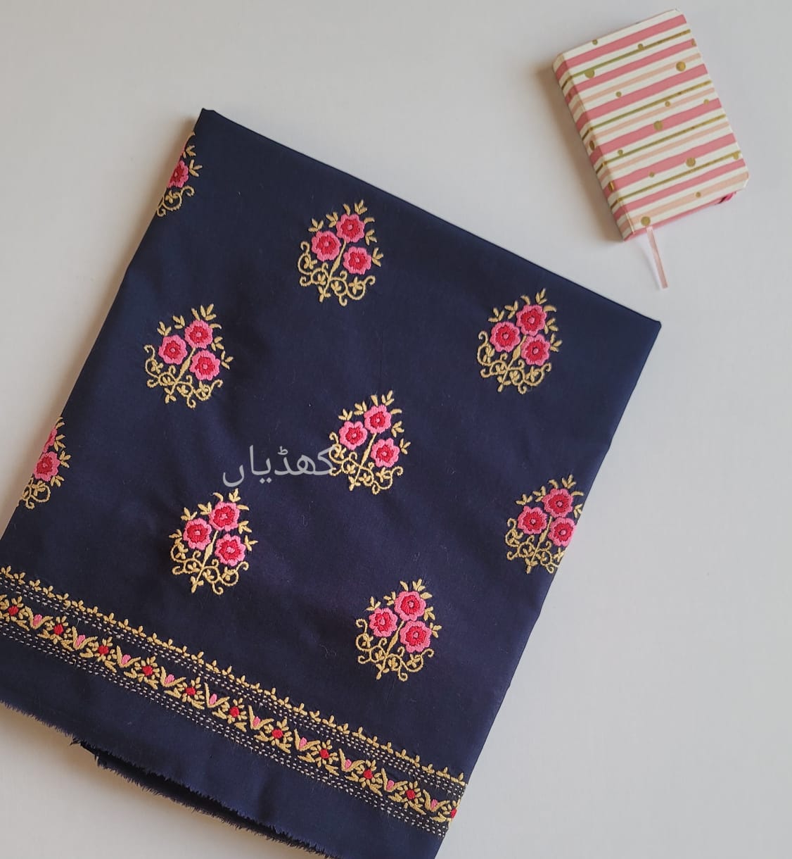 Deep Sea Blue hand embroidered unstitched 2 piece dress for women in Pakistan with floral embroidery