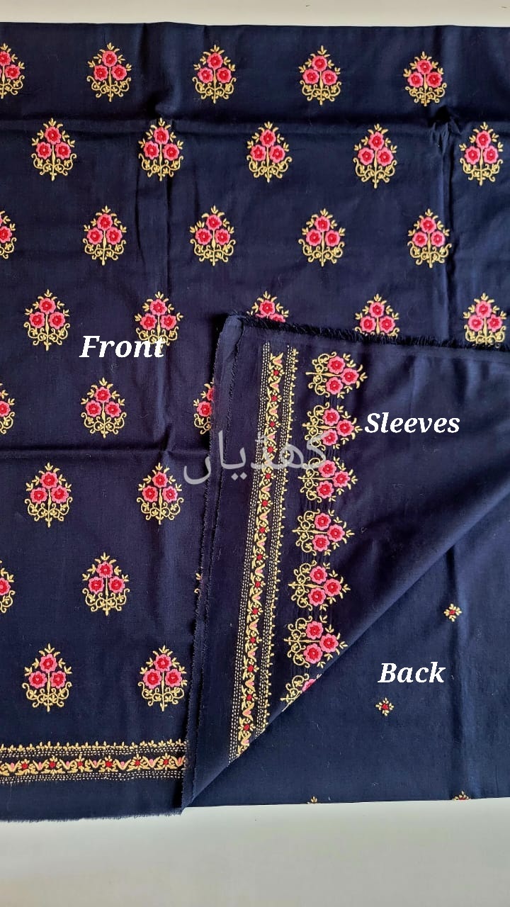 Deep Sea Blue hand embroidered unstitched 2 piece dress for women in Pakistan with floral embroidery front back