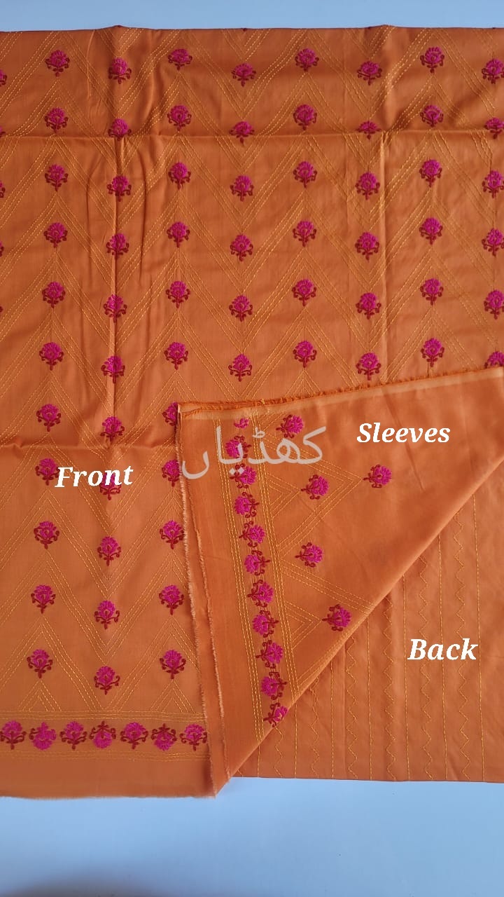 Orange Kantha Kari Hand Embroidered Pure Lawn Suit 2 Piece Unstitched Front Back Sleeves