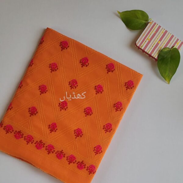 Orange Kantha Kari Hand Embroidered Unstitched Dress Pakistan