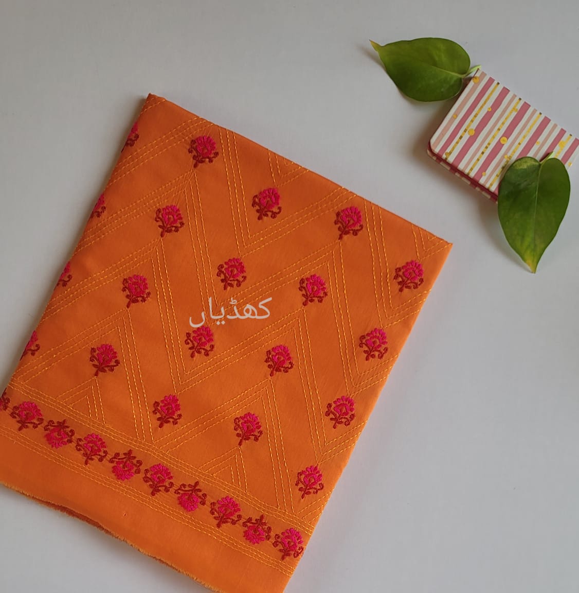 Orange Kantha Kari Hand Embroidered Unstitched Dress Pakistan