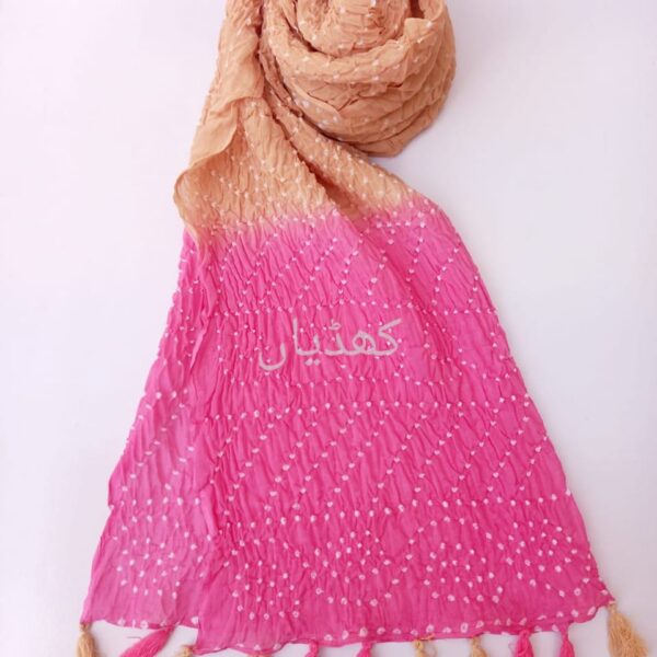 Dusty Gold and Fuchsia Pink Hand Knotted Chunri Dupatta in Pure Lawn Fabric with Tassel Detailing Pakistan