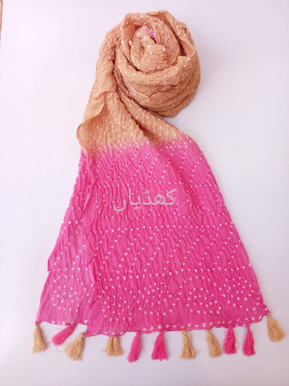 Dusty Gold and Fuchsia Pink Hand Knotted Chunri Dupatta in Pure Lawn Fabric with Tassel Detailing Pakistan